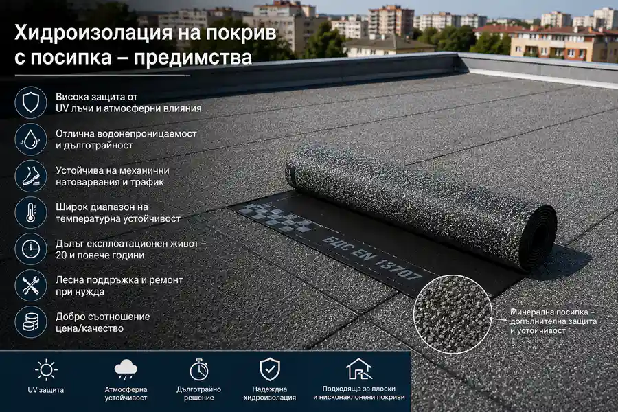 Хидроизолация на покрив с посипка – предимства, приложение и монтаж UslugiBG Хидроизолация на покрив с посипка – предимства, приложение и монтаж